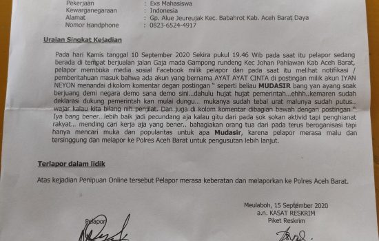 Laporan Kasus UU ITE  Aktivis Meulaboh Mengambang di Polres Aceh Barat